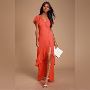 Lulu’s Pour the Champagne Coral Red Orange Ruffled Backless Maxi